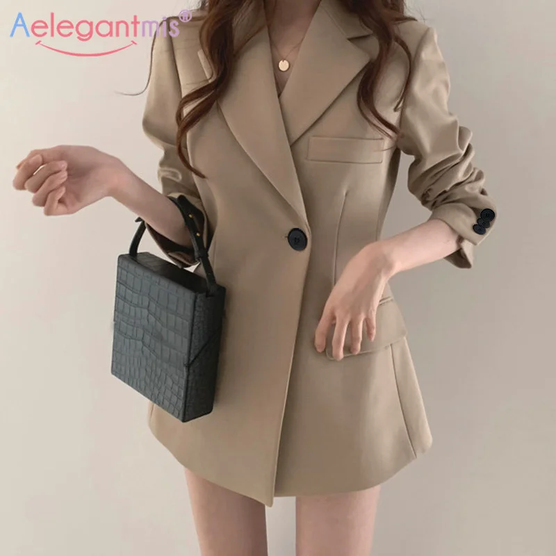 

2021aelegantmis Autumn Korean Long Women Blazer Jacket Office Lady Casual Slim Suit Blazers Coat Solid Work Female Outerwear