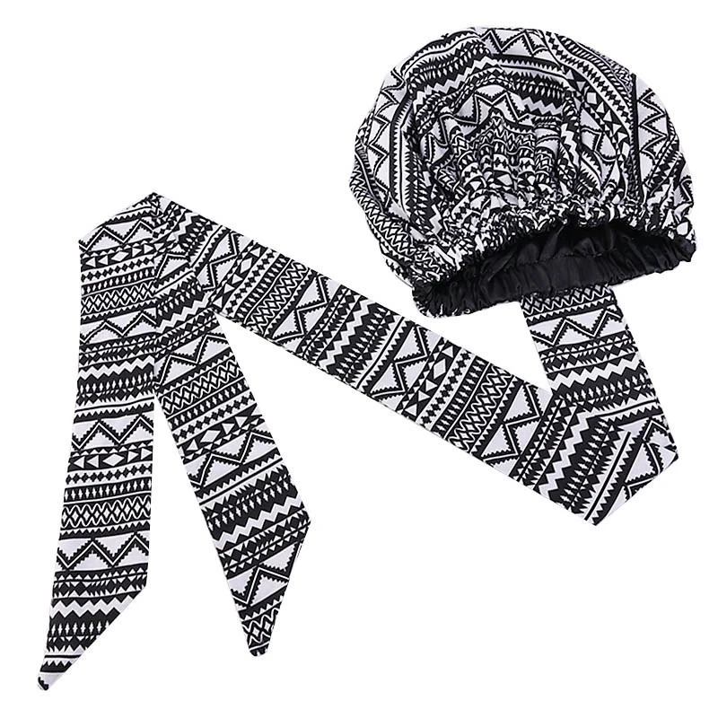 

New African Printed Satin Ribbon Round Hat Double Turban Hair Cap Wrapped Bonnet Muslim Styling Large Size Coloring