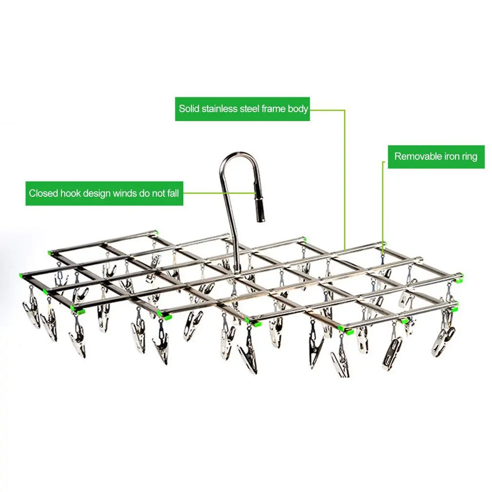 

Stainless Steel Windproof Swivel Clothes Hanger Organizer with 35 Clips for Underwear Bra Socks Gloves Drying Hook Rack