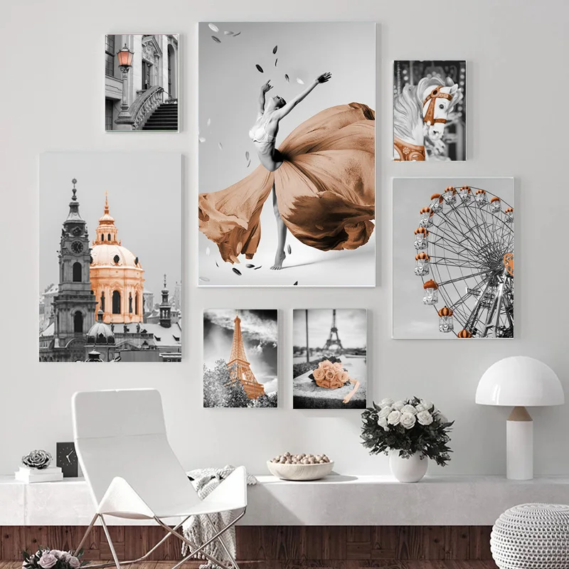 

Black White Wall Art Landscape Orange Eiffel Tower Ferris Wheel Horse Castle Banquet Ballet Girl Canvas Painting Home Decoration