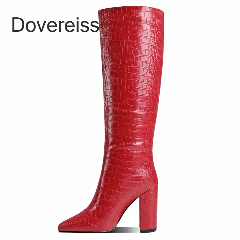 

Dovereiss Winter New Fashion Sexy Pointed Toe Clear Heels Boots Red Beige Brown Chunky Heels Knee High Boots 41 42 43