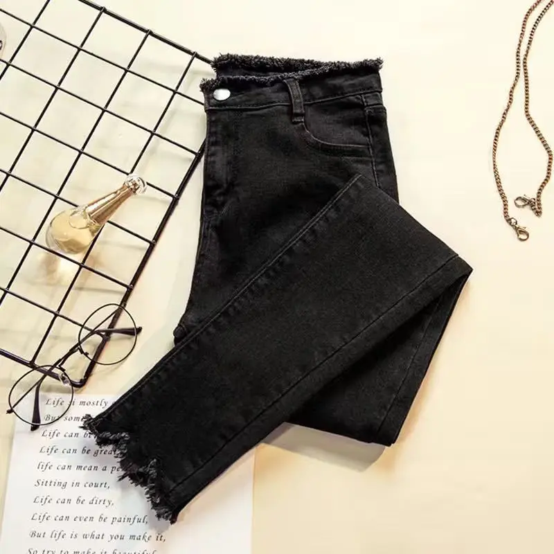 

Black Raw-edged Jeans Women's Trousers for Autumn and Winter New Style High Waist Outer Wear Small Feet Nine-point Pencil Pants