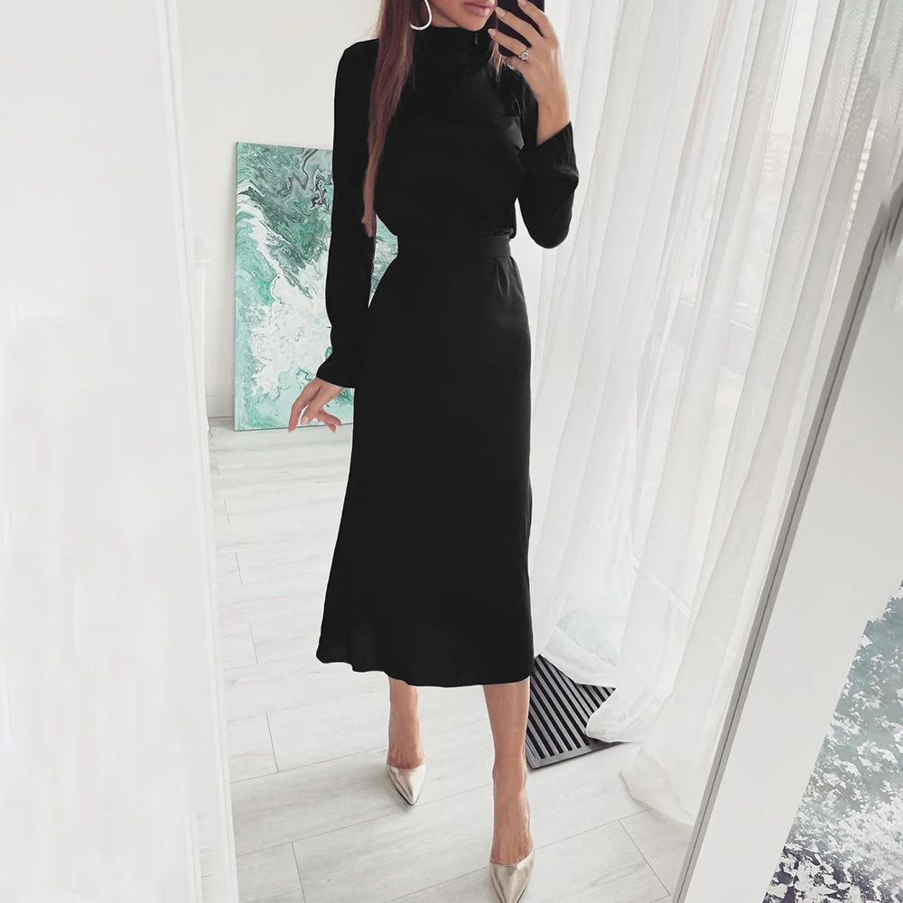 Осень 2021 женское элегантное Простое Повседневное платье макси на шнуровке