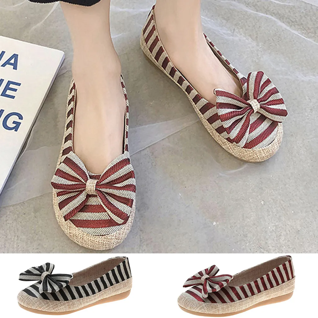 

Classic flat shoes women's striped casual canvas shoes female summer bow fashion round head lazy vulcanized shoes 2020
