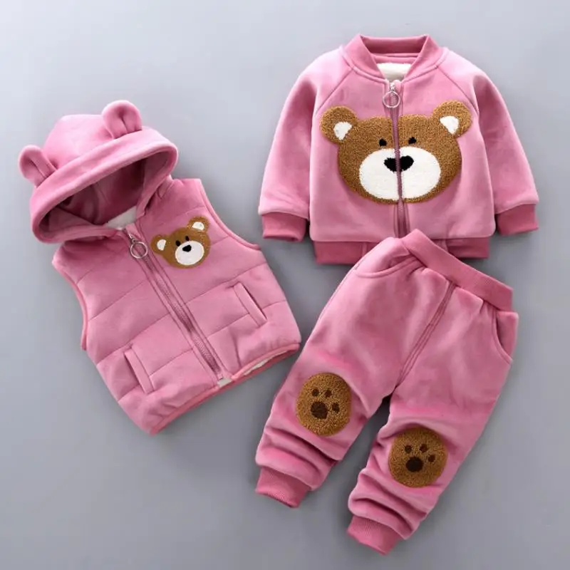 Розовый Коллекция года, детский зимний костюм бархатный толстый свитер с капюшоном и рисунком для мальчиков и девочек+ жилет+ штаны, three-piece1-4Y - Цвет: Розовый