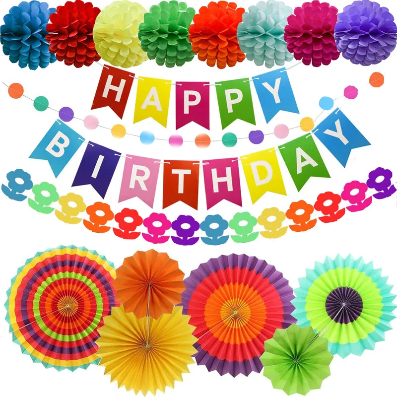 Разноцветные радужные украшения на день рождения набор бумажных вееров цветные