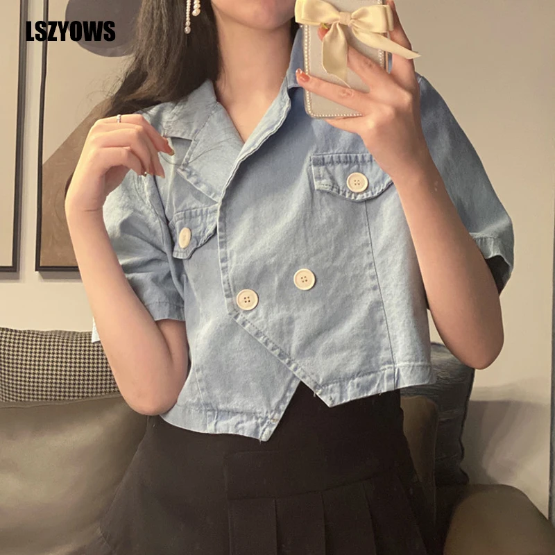 

Summer Cropped Denim Blouse Women Casual Short Sleeve Shirts Tops Blusas Turn-down Collar Vintage Jean Blouses Female Streetwear
