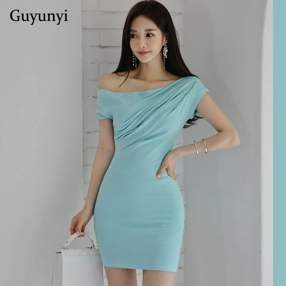 

Женское облегающее мини-платье с высокой талией, небесно-голубое платье в Корейском стиле с вырезом лодочкой и маленькими складками, элеган...