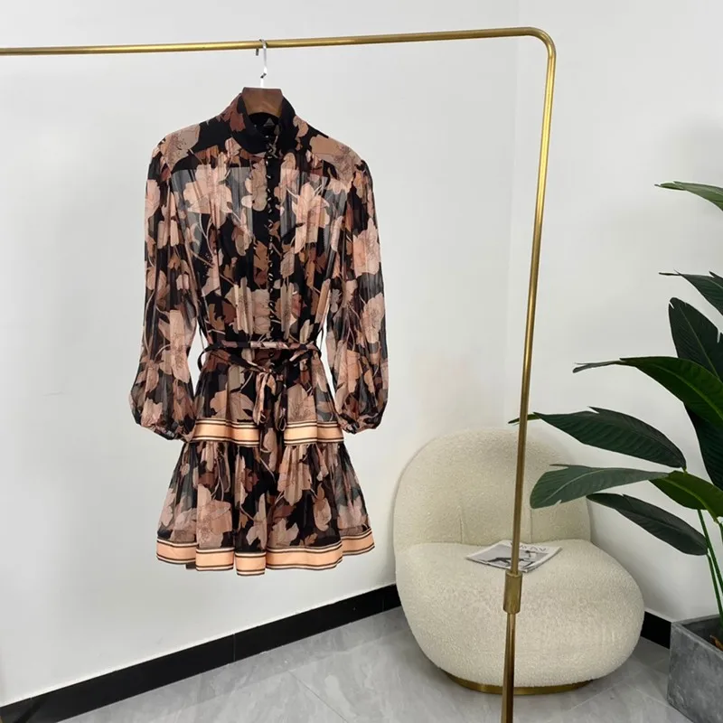 

2021 New Autumn Women Fashion Pink Flowers Print Turtleneck Long Sleeve 100% Crinkle Silk Elegant Black Mini Dresses