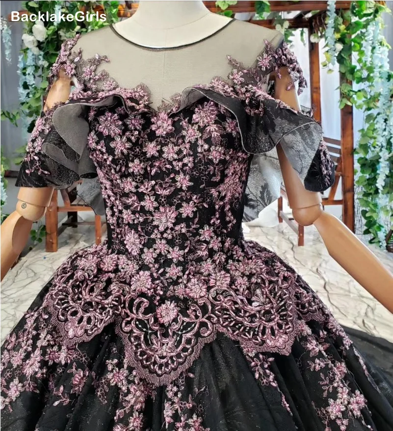 Розовое Кружевное черное свадебное платье элегантное винтажное с круглым