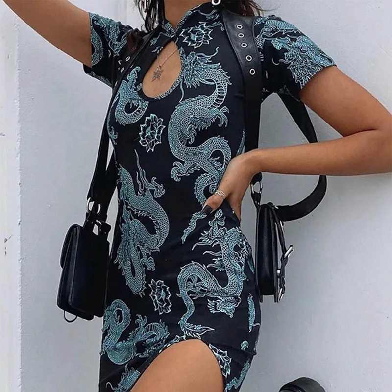 

Cut Out Chinese Style Straight Dress Cheongsam Short Sleeve Mini Bodycon Dress Women Summer Dragon Print Black Dresse