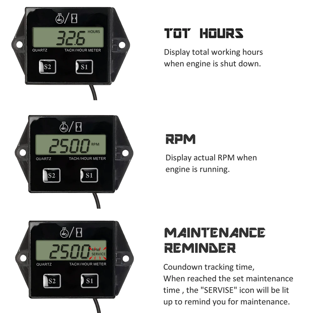 

Digital Tach Hour Meter Tachometer for 2 or 4 Stroke Gas Engine Motorcycle Lawnmower ATV Boat
