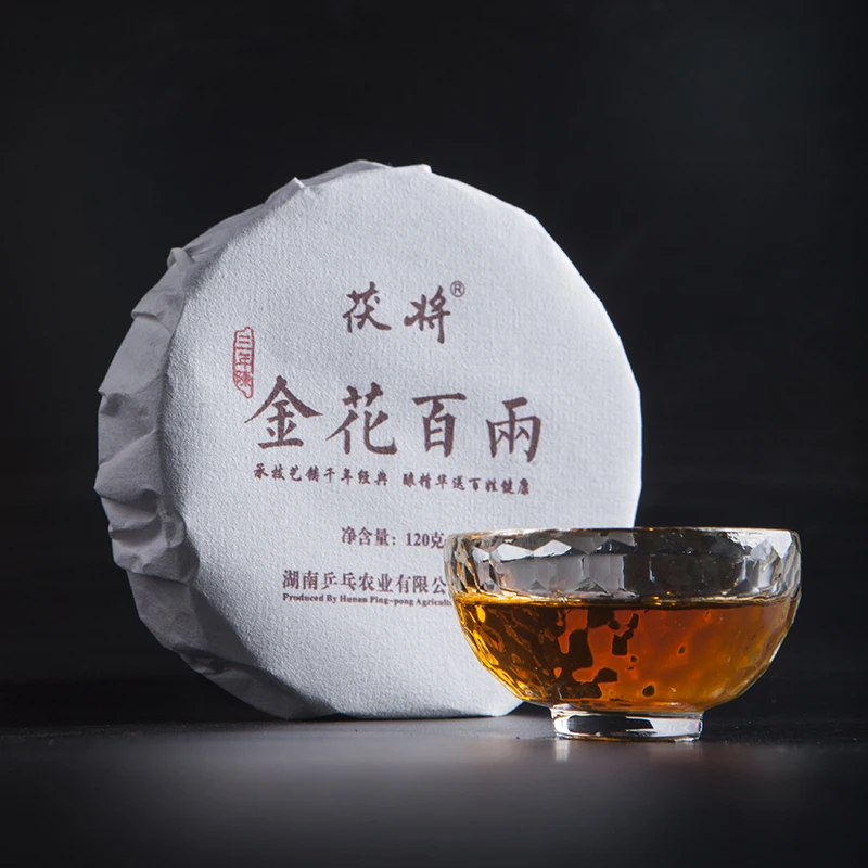 

Hunan Anhua BaiLiang Cha Bing Bai Liang, золотой цветок, темный Хуа Хуан, черный, 120 г