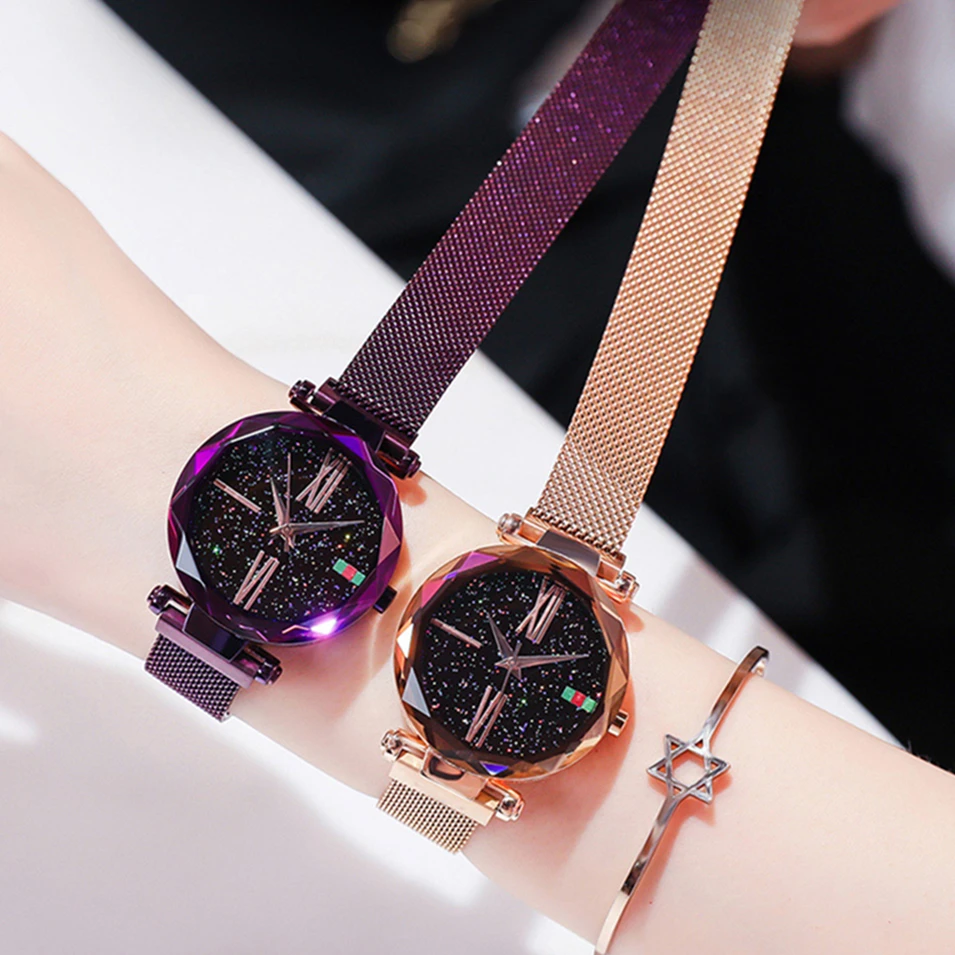 Романтические звездное небо женские магнитные часы Роскошные Цветочные