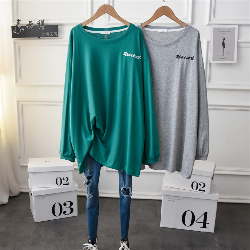 

Large Size Women's Loose Casual T Shirt Long Sleeve Simple Plain Crewneck Cotton Oversized Tee Pullovers Green