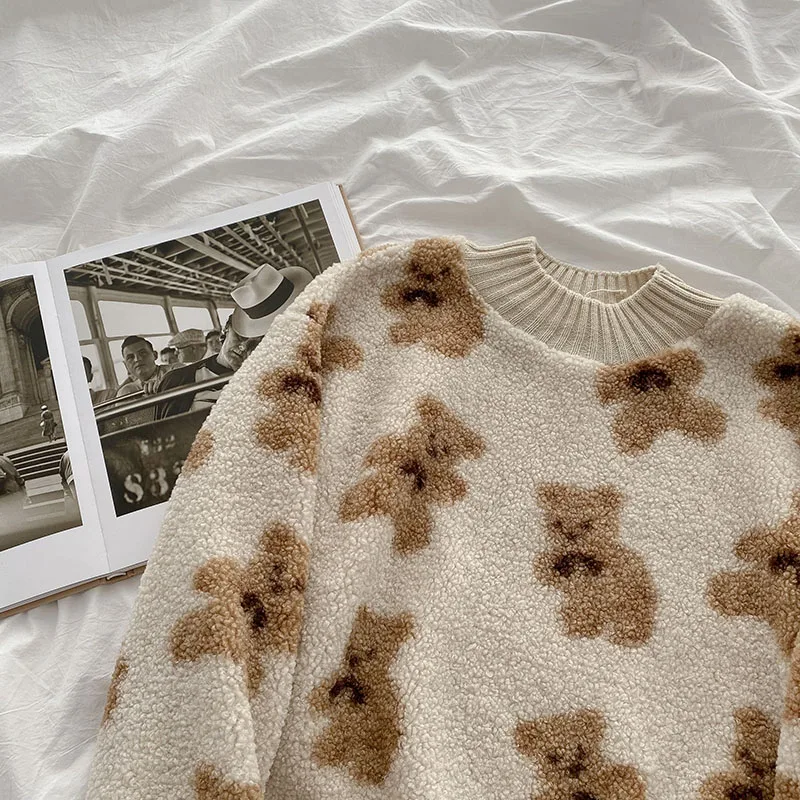 Kuzuwata Chic Funny Cartoon Bear Pattern Women Sweaters 2021 Autumn New Preppy Style Pullovers Casual O Neck Warm Tops 1H874 | Женская