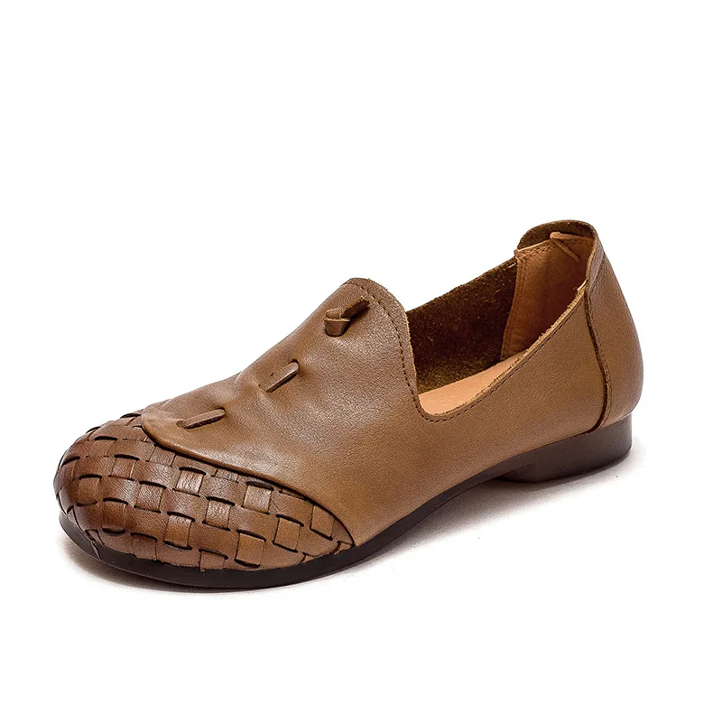 

2021 new leather solid color woven round toe flat-heeled soft-soled low-top ladies casual footwear shoes