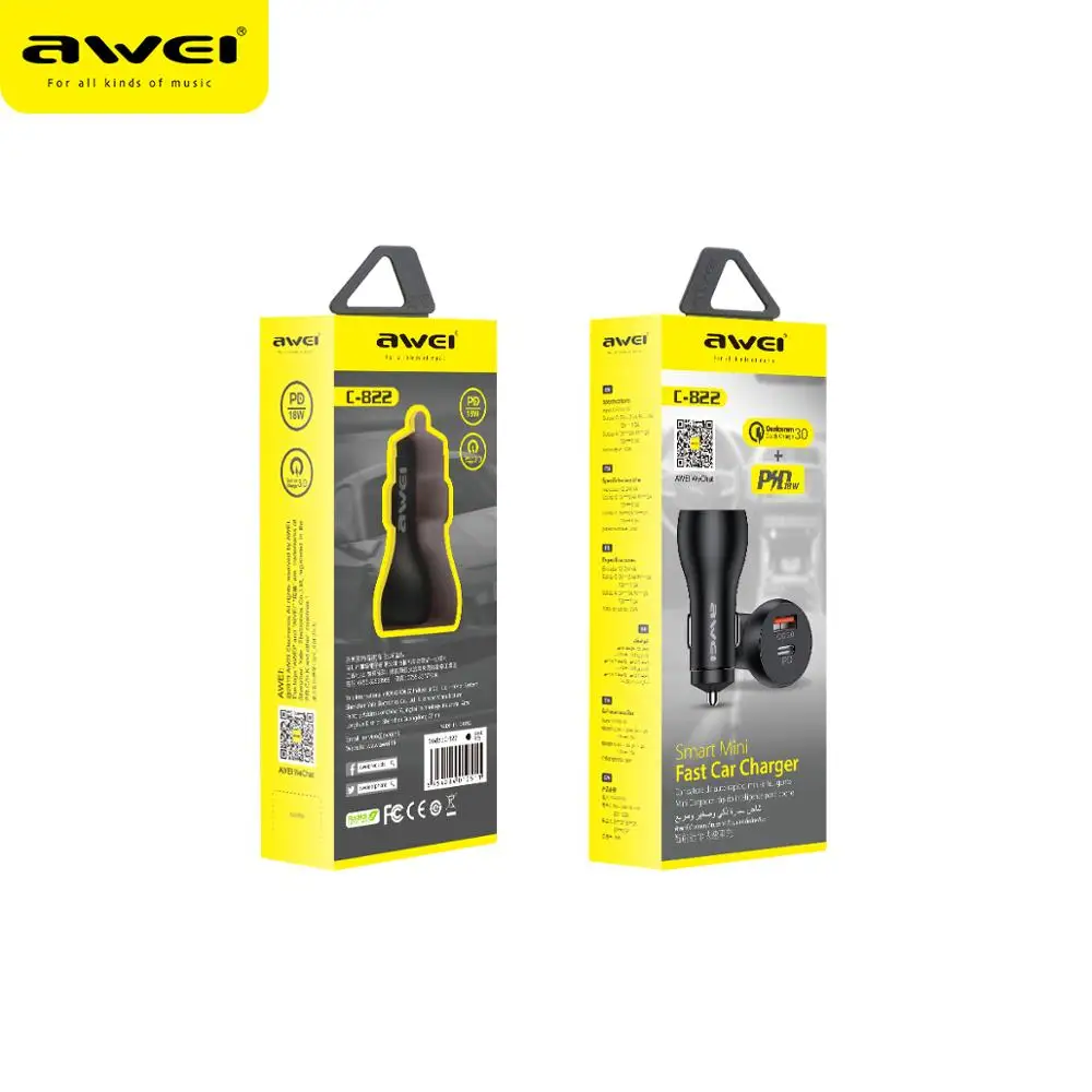 

AWEI C-822 Car Charger USB Type C PD+QC 3.0 18W Quick Charging Phone Charger For Huawei Xiaomi Mobile Phone Auto Charger
