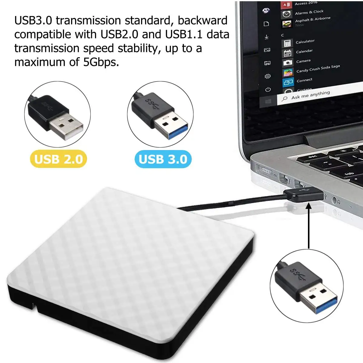 LEORY New Style White External USB3.0 DVD RW CD Writer Slim Drive Burner Reader Player Tray Type For PC Laptop