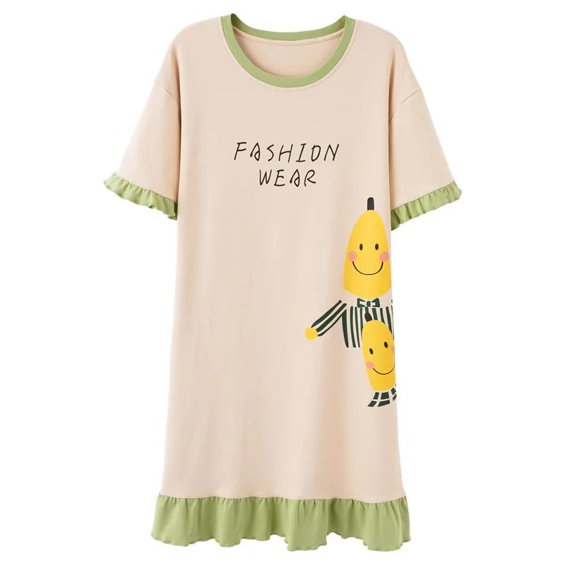 

2021 New Women Nightdress Summer Cotton Short-sleeved Cartoon Cute Mid-length Dress Pajamas Female Home Clothes Sweet Sleepwear
