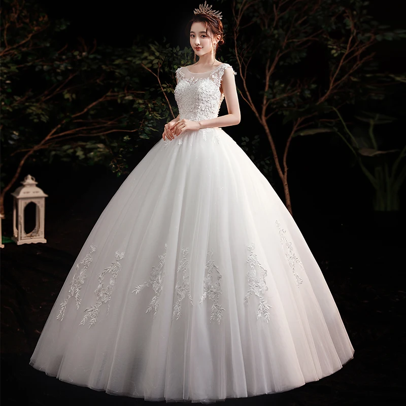 

New Arrive O neck Vintage Floor Length Lace Appliques Woman Cheap Wedding Dresses Ball Gown Wedding Bridal Gowns robe de soiree