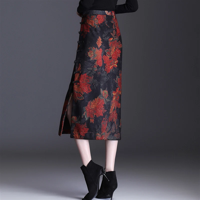 

Limiguyue Chinese Style Split Woolen Long Skirts Women Vintage Elegant Midi Skirt High Waist Floral Print Pencil Skirt jupe K704