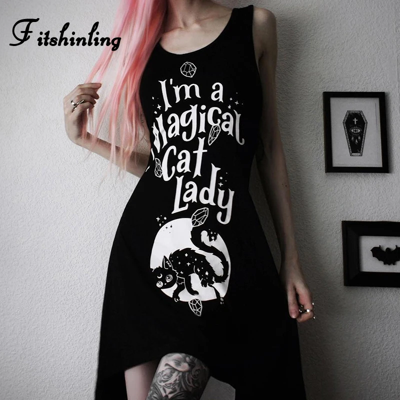 Fitshinling Goth темные танки платья для женщин Нерегулярные тонкие без рукавов Vestidos