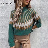 vintage fashion pattern print knitted sweater women elegant turtleneck warm autumn pullover jumper winter long sleeve office top