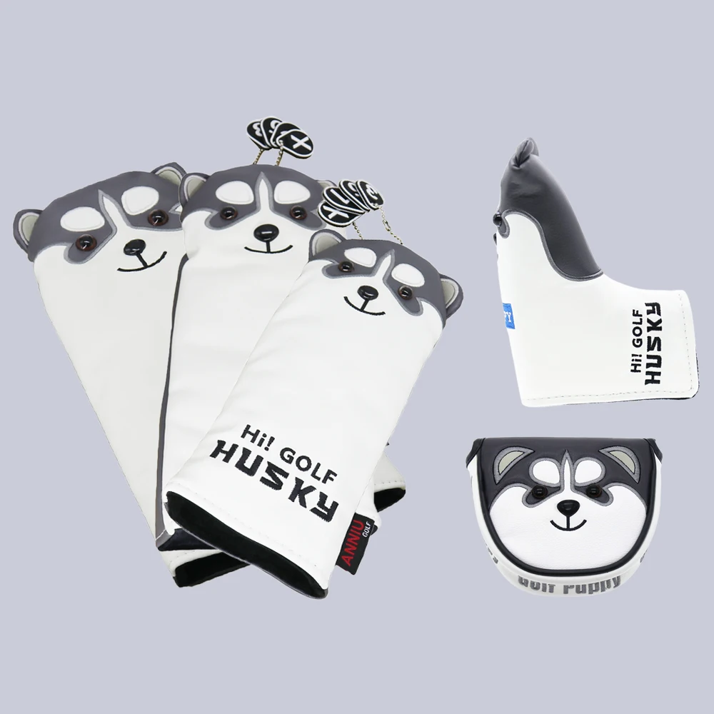 

PU Leather Golf Putter Headcovers Dustproof Golf Club Covers Cute Husky Golf Driver Head Cover Cartoon Animal Fairway Woods
