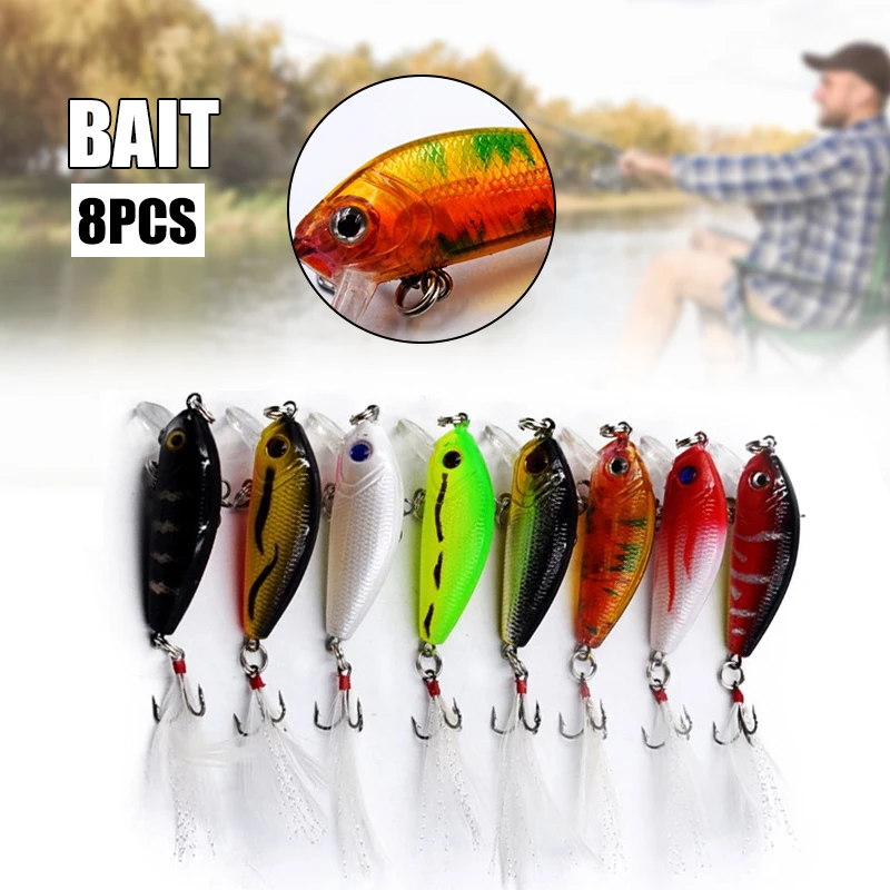 8 PCS Fake Fish Lure with Bell & Sparkling Feather Wobbler Baits Hard Fishing Supplies for Bass Trout Salmon 5cm