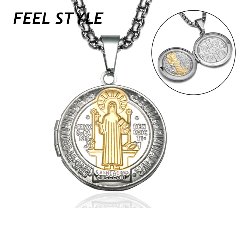 Catholic Saint Benedict Medallion Necklaces Stainless Steel Can Open Photo Frame Pendant Necklace For Men