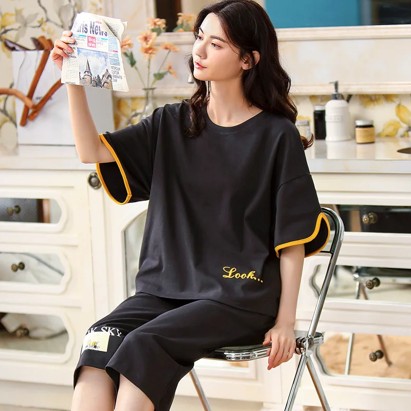 

Summer Pajamas Set Soft Comfortble Cartoon Plaid Sleepwear Women Pajama M-3XL Pyjamas Casual Homewear Short Sleeve T-Shirt Pants