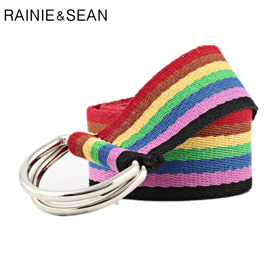 

RAINIE SEAN Colorful Women Belt Canvas Double Ring Belt For Jeans 2021 New Fashion Women Casual Belt For Trousers 130cm