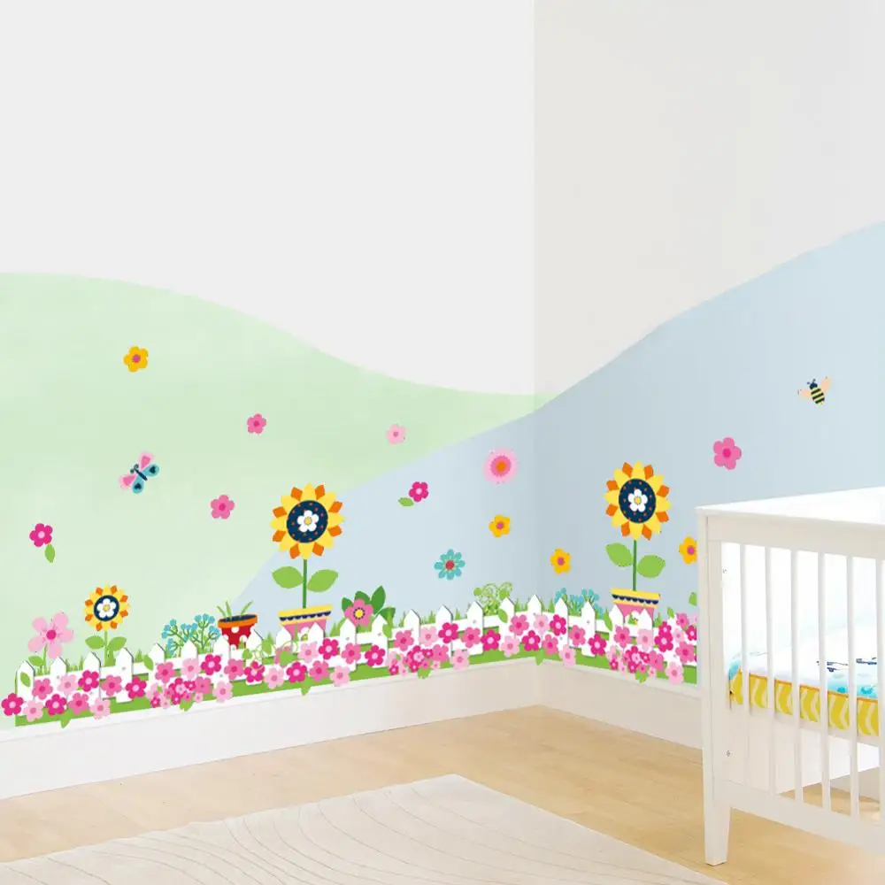 

Pastoral Flowers Grass fence With Butterfly wall Stickers For Office Shop Bedroom Baseboard Home Decoration Pvc Decals Mural Art
