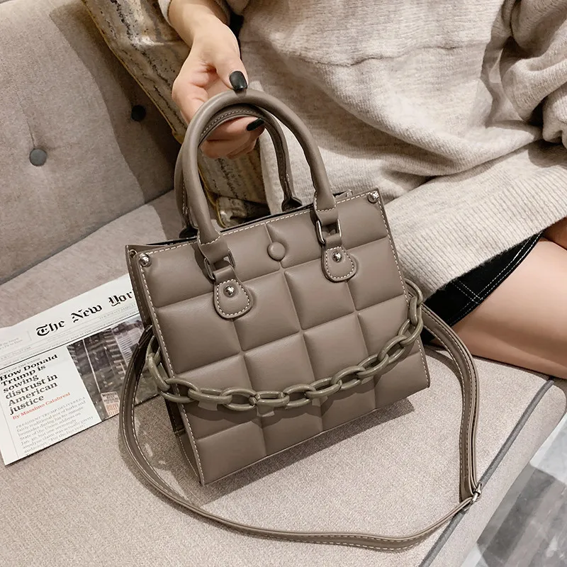 

Elegant Gray Shoulder Bags for Women 2021 New Fashion Plaid Chain Tote Bags Top-Handle Handbag Female Soft Leather Crossbody Bag