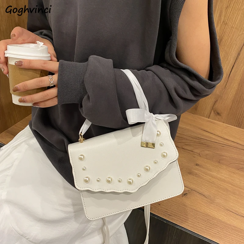 

Women Crossbody Bags Pearl Decorate One-shoulder Cover Bag Office Lady Stylish Handbags PU Leather All-match Lace Bow Chic New