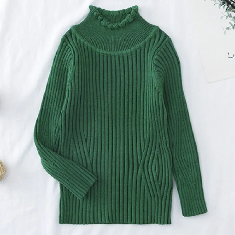 Brown Toddler Girl Fitted Rib Knit Ruffled Collar Sweater Children Kids Girl Ribbed Sweater Winter Girls Tops - Color: Brown