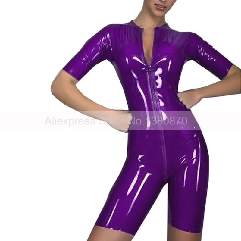 

Natural Latex Women Tight Bodysuit With Short Sleeves Legs Rubber Catsuit Tracksuit S-LC286
