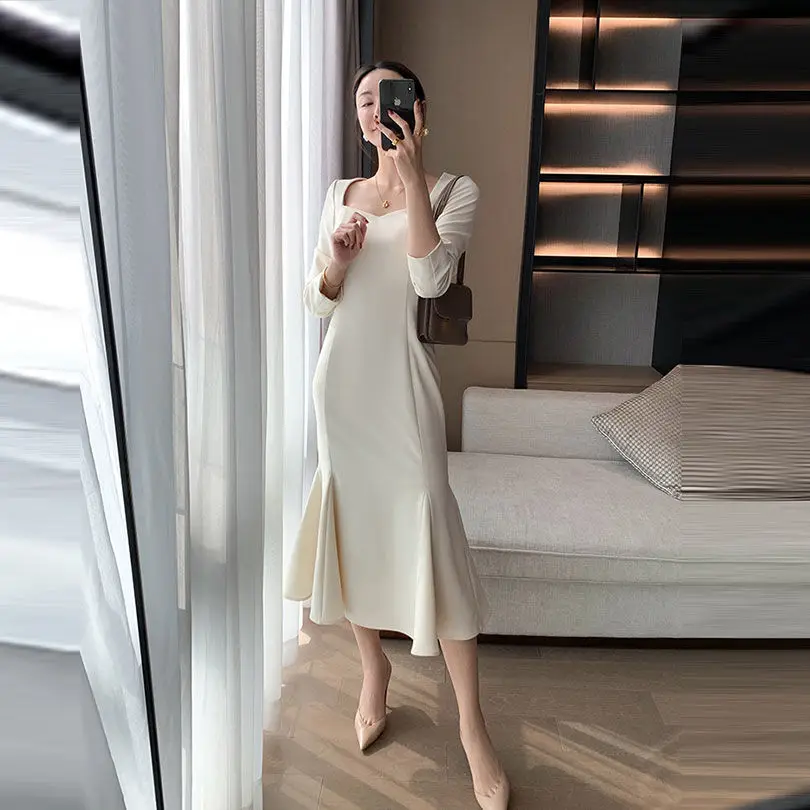 Платье женское винтажное в стиле ретро французское офисное вечернее миди-платье