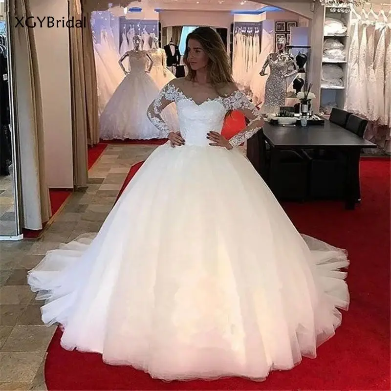 

New Arrival A Line Princess Bride Wedding Gown Long Sleeves Tulle Appliques Muslim Arabic Wedding Dress Boho Vestido De Noiva