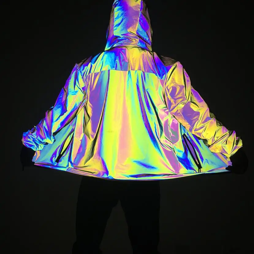 

Autumn Winter Men Night Colorful Reflective Hooded Jacket Casual Windbreaker Man Hip Hop Jackets and Coats Drop Shipping