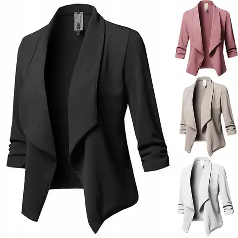 Женский офисный Блейзер, винтажный однотонный пиджак с отложным воротником и открытым спереди, короткий деловой костюм, женский жакет, 2022
