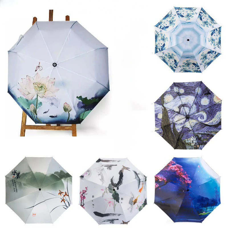 Женский зонт с чернильной росписью защитой от дождя и солнца цветной