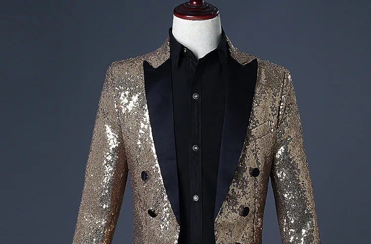 Shiny Gold Sequin Long Tuxedo Dress Blazer Men Nightclub Prom Mens Glitter Suit Tailcoat Jacket Wedding Party Stage Costumes | Мужская