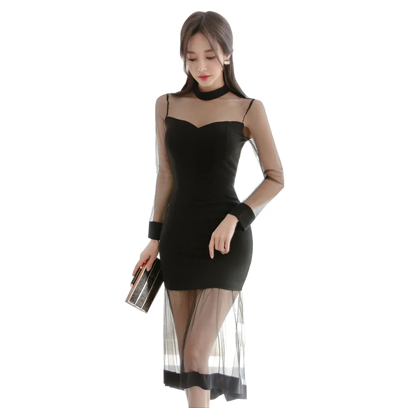 

TVVOVVIN Sexy Perspective Dress 2021 Spring New Fashion O-neck Spliced Mesh Slim Mid-length Pencil Dress C7LN