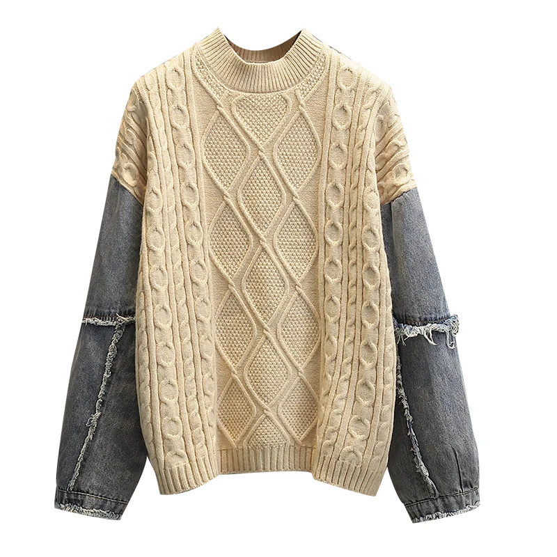 

VANOVICH Women's Clothing Autumn and Winter 2021 New Retro Twist Sweater Loose O-Neck Denim Sleeve Pullover Oversized Sweater