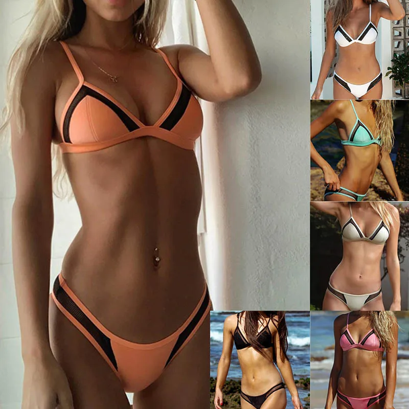

New Women Swimsuit Lace Solid Print Bikini Set Women's Swimwear Padded Low Waist Vacation Beachwear Biquini Short Swimming Suit
