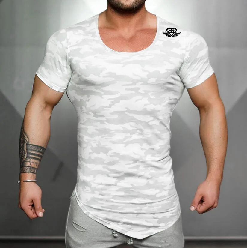 T02 Camouflage white Новая мужская облегающая футболка с коротким рукавом фитнес-организация спортзалы фитнесс фитнес сплайсинга хлопчатобумажная футболка Размер m-xxl - Цвет: T02 Camouflage white