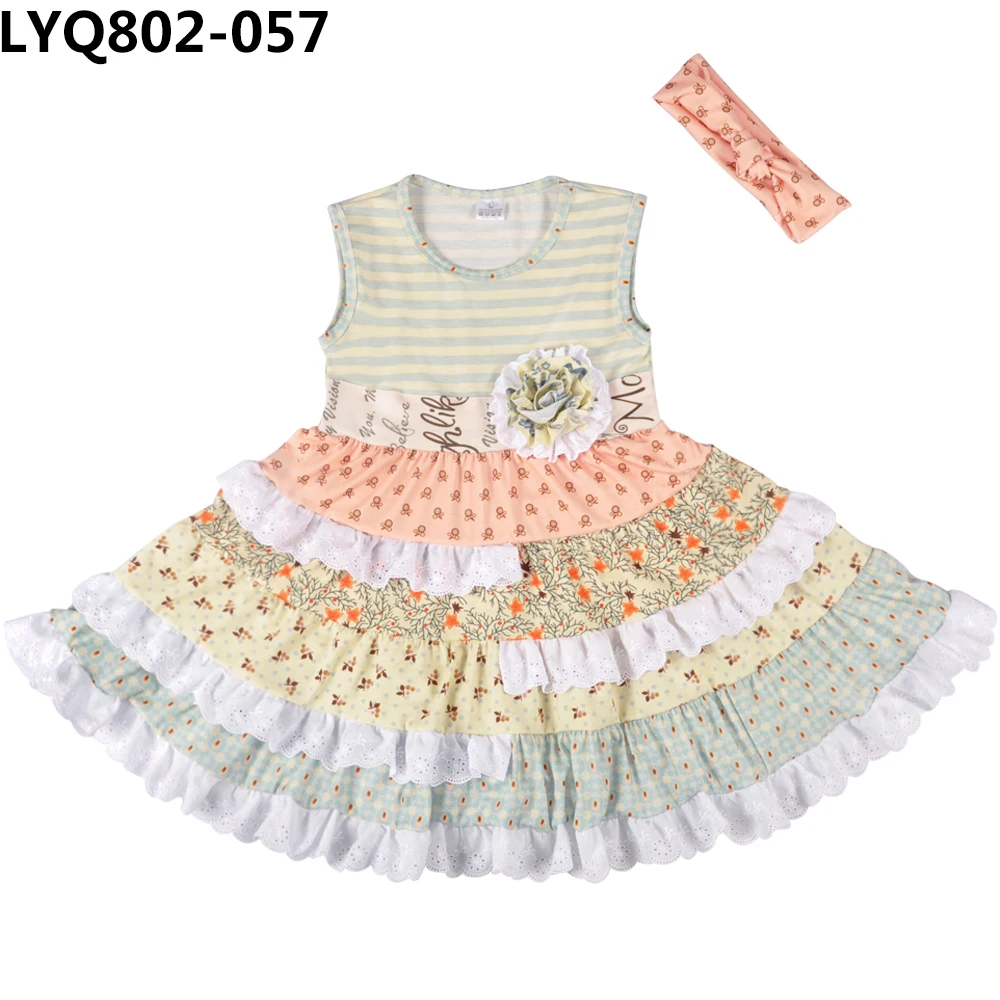 

Summer Girls Clothes Grey Striped Sleeveless White Lace With Large Flowers On The Chest Girl Dresses
