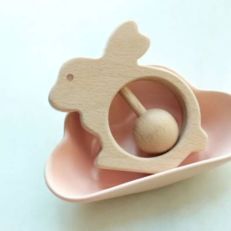 

Cute Baby Teether Rattle DIY Children Wood Cartoon Animals Rabbit Teething Toys